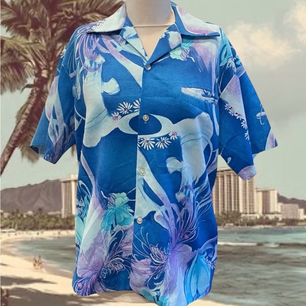 VTG Waltah Clarkes Mens Hawaiian Hawaii Honolulu Art Shirt Size Small Blue 70s